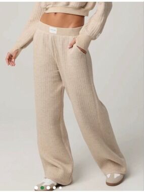 NWT Aerie Offline Wide Leg Coffee Run Trousers Ribbed Pants XL Beige 29” inseam